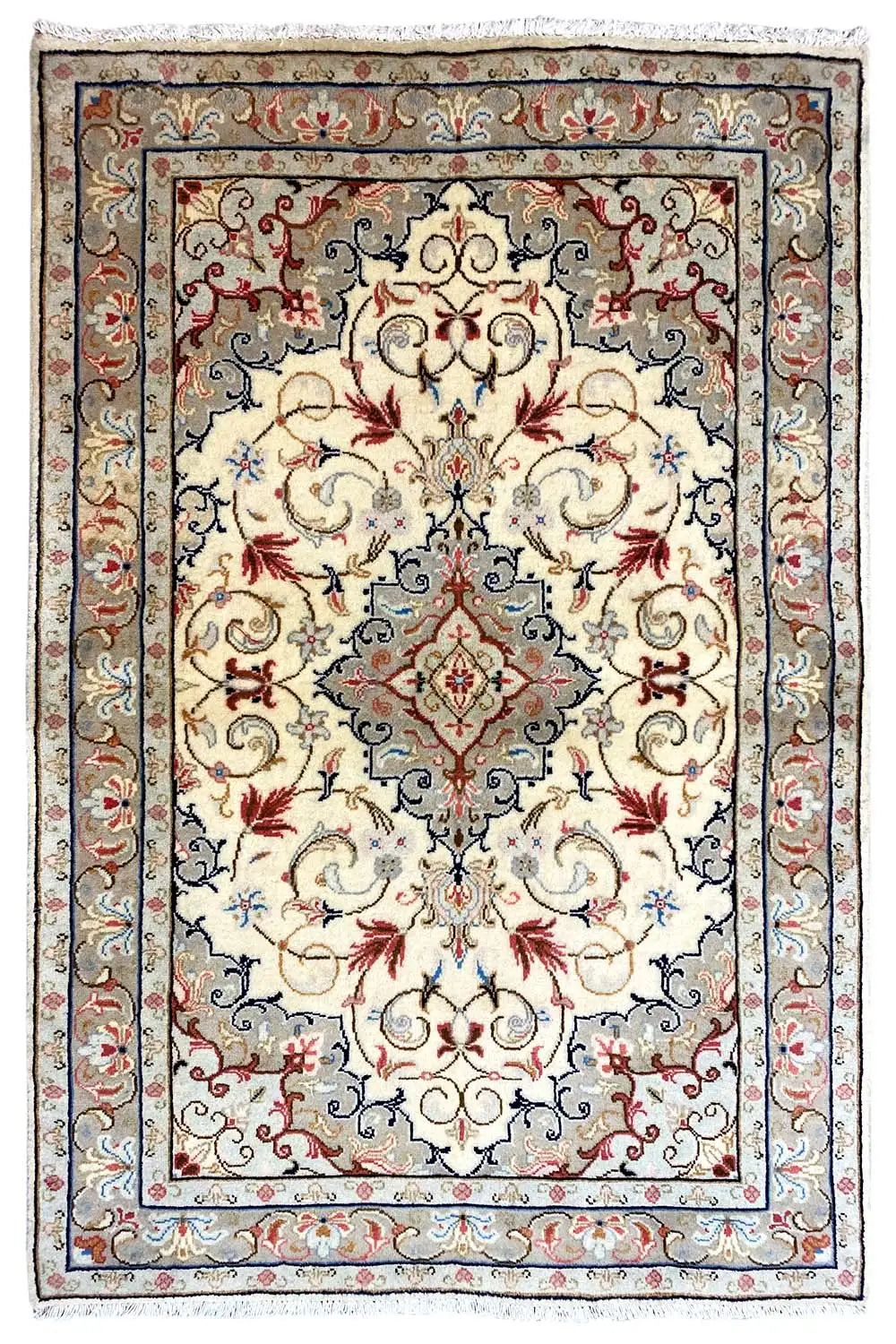 Beige Oriental rug with a central medallion, blue border, and red floral details