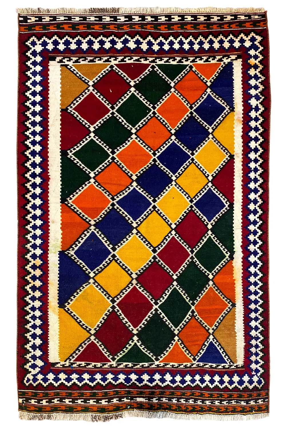 Rectangular kilim rug with a diamond grid in red, blue, green, and yellow
