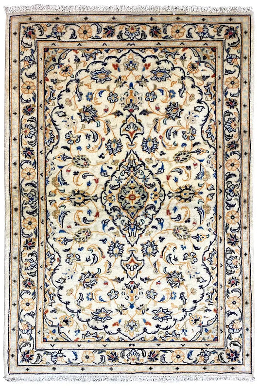 Keshan rug in beige with blue, red and yellow ornaments, rectangular, 147x103 cm