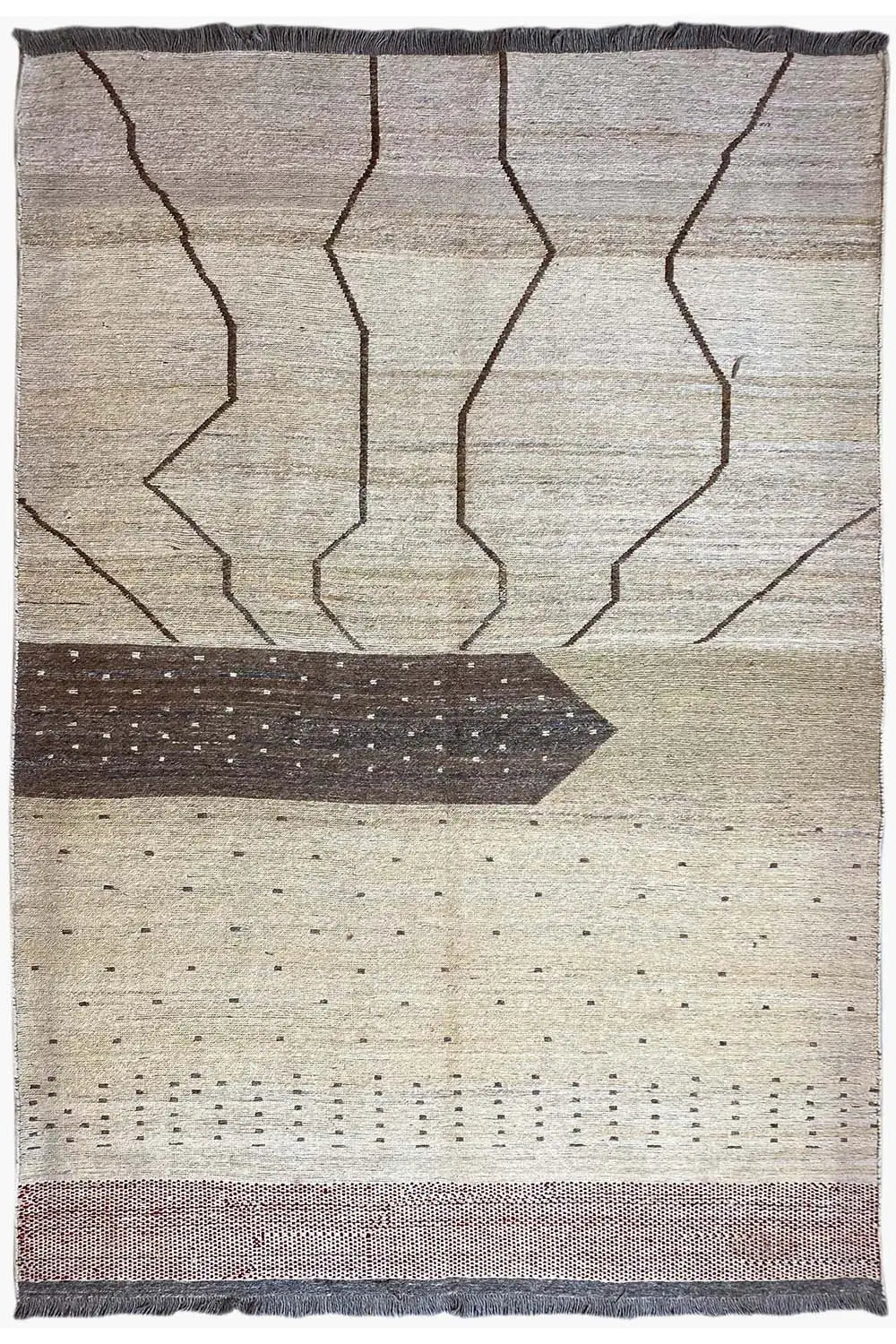 Kilim rug with beige areas, geometric lines in brown and gray, and a narrow border