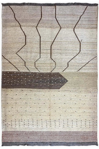 Kilim rug with beige areas, geometric lines in brown and gray, and a narrow border