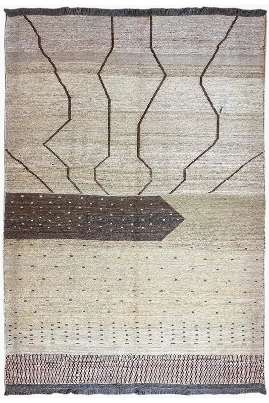 Kilim rug with beige areas, geometric lines in brown and gray, and a narrow border