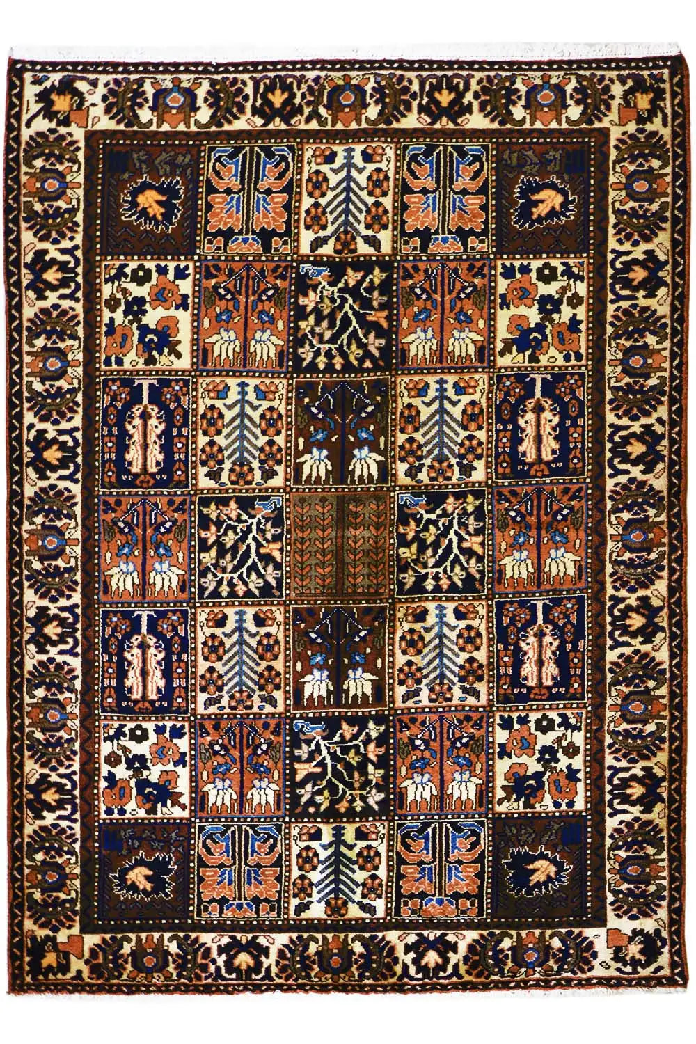 Bakhtiari rug 204x142 cm: square ornamental field with a multicolored border in blue/red