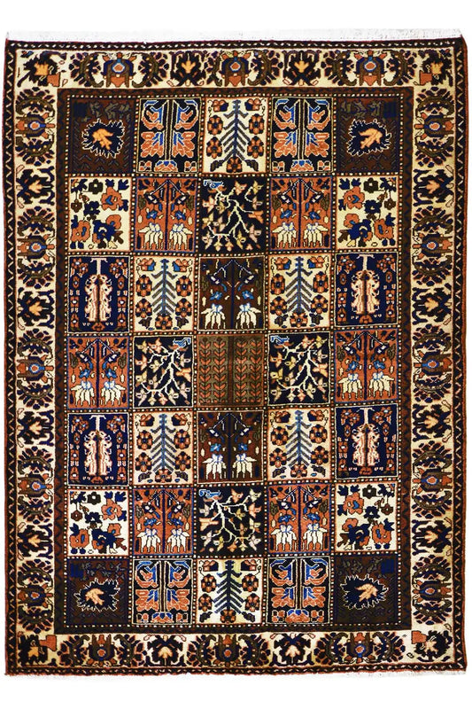 Bakhtiari rug 204x142 cm: square ornamental field with a multicolored border in blue/red