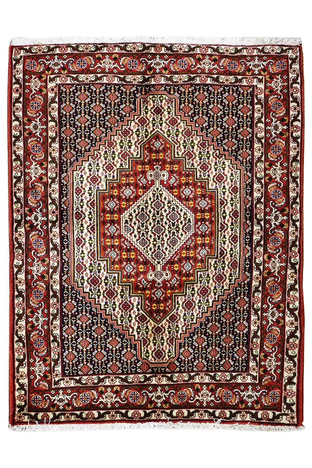 Hamadan rug with red central medallion and geometric border detail (square)