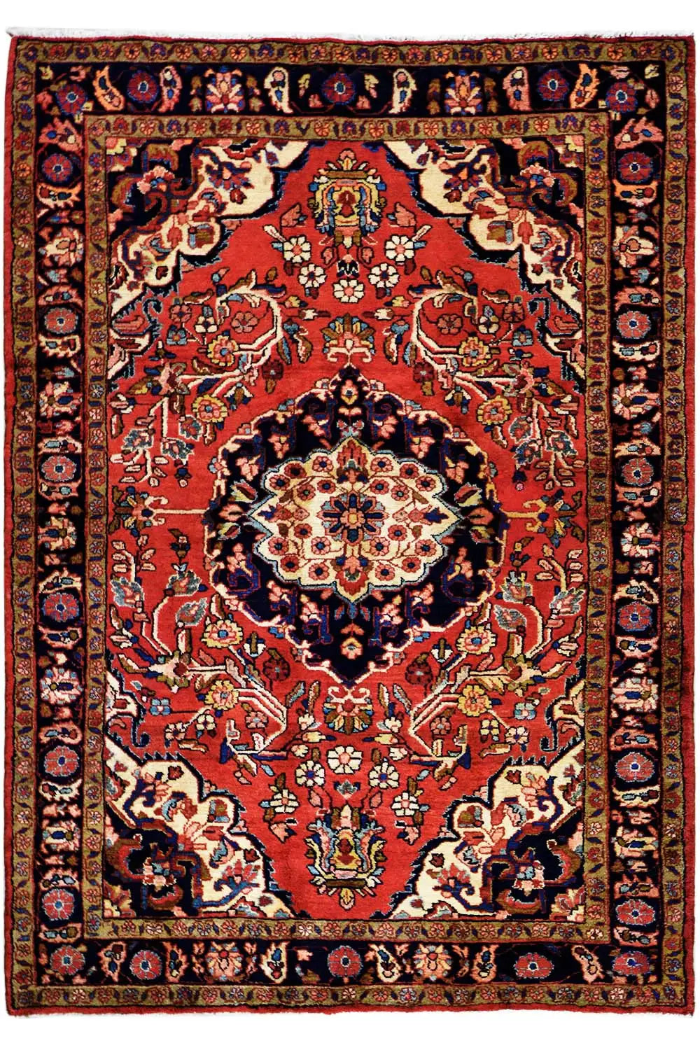 Hamadan rug with red field, blue-red border, and central medallion