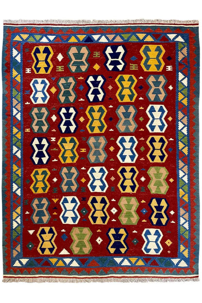 Kilim rug with a small-scale diamond pattern in red, blue, yellow, and green
