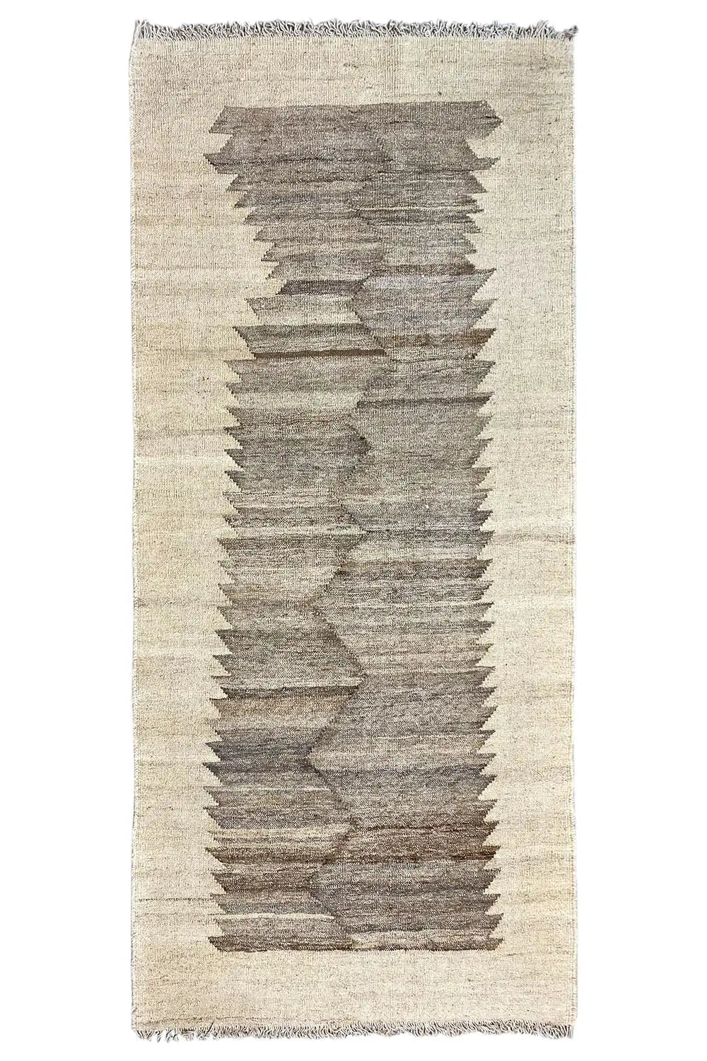 Rectangular Kilim Qashqai rug: beige background with a gray central stripe pattern