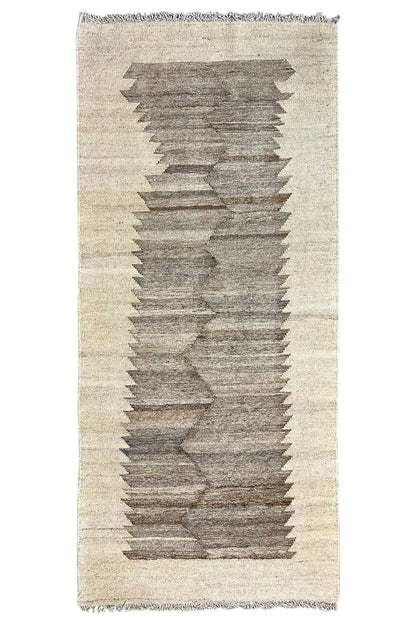 Rectangular Kilim Qashqai rug: beige background with a gray central stripe pattern