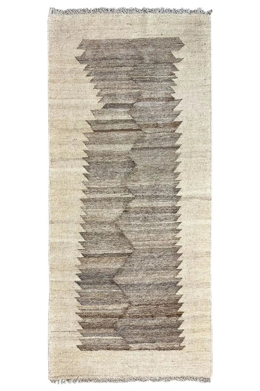 Rectangular Kilim Qashqai rug: beige background with a gray central stripe pattern