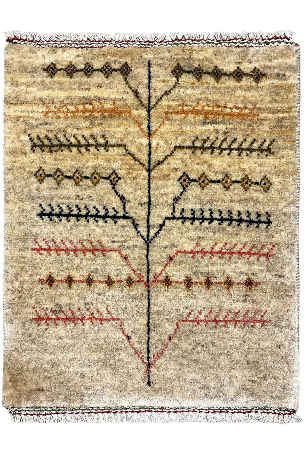 Gabbeh rug (square): beige pile with a central red/black line pattern
