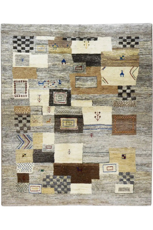 Gabbeh rug 186x150 cm with an abstract patchwork pattern of squares and rectangles
