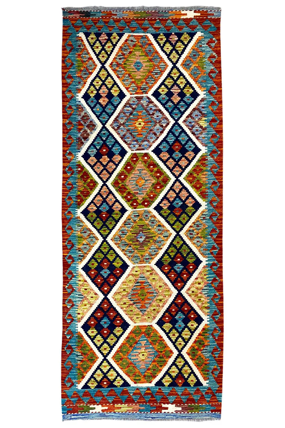 Afghan kilim runner 237×83 cm with diamond and lozenge pattern, multicolored