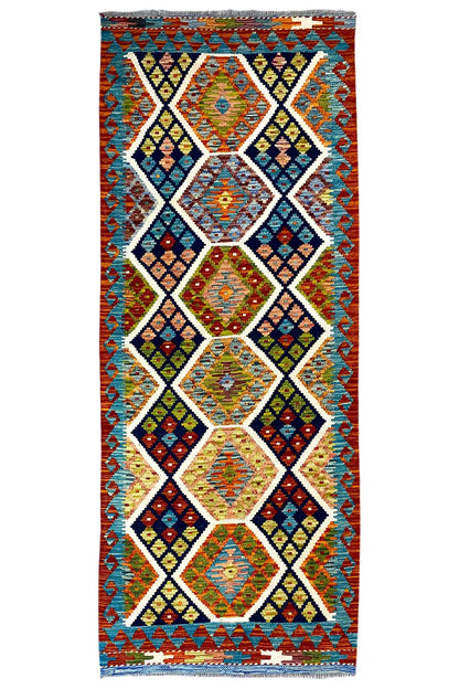 Afghan kilim runner 237×83 cm with diamond and lozenge pattern, multicolored