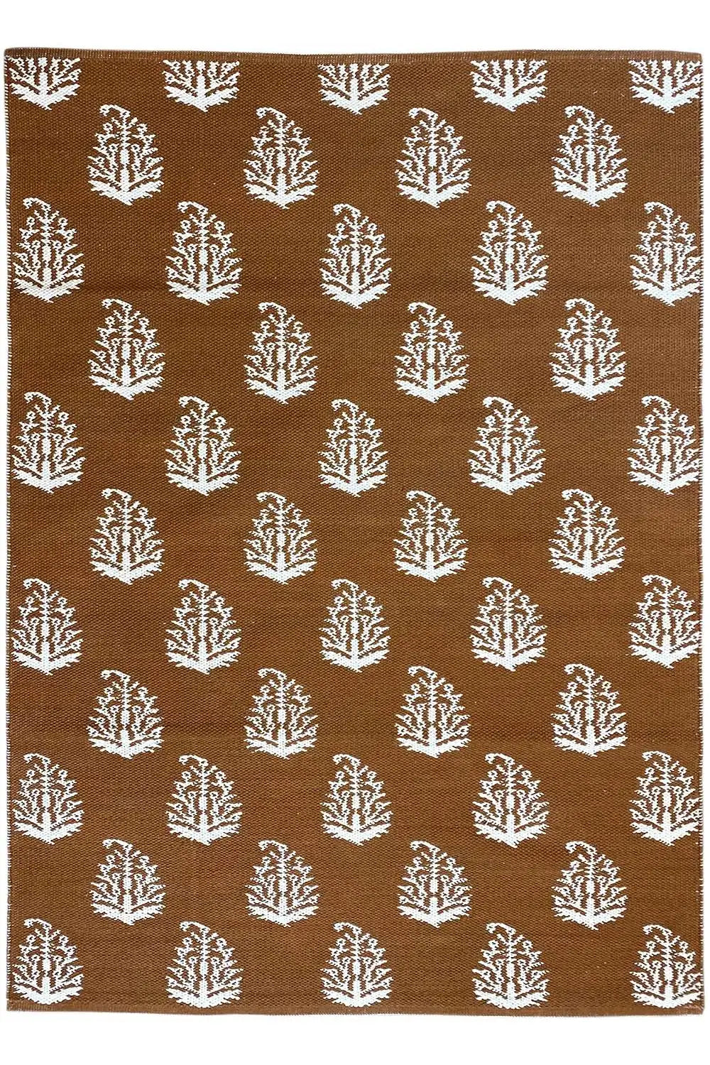 Brown kilim with white tree motifs, square rug shape