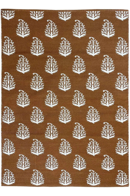 Brown kilim with white tree motifs, square rug shape