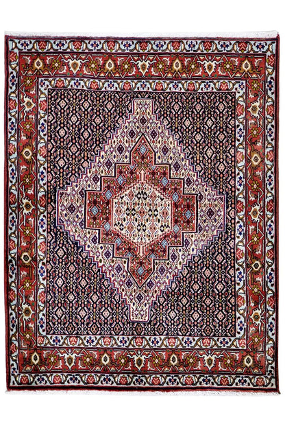 Rug with square medallion and border in red, blue, and beige