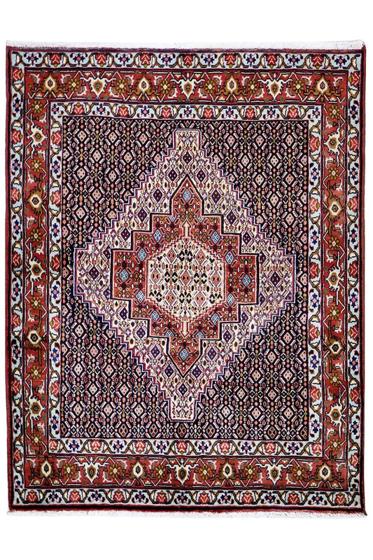 Rug with square medallion and border in red, blue, and beige