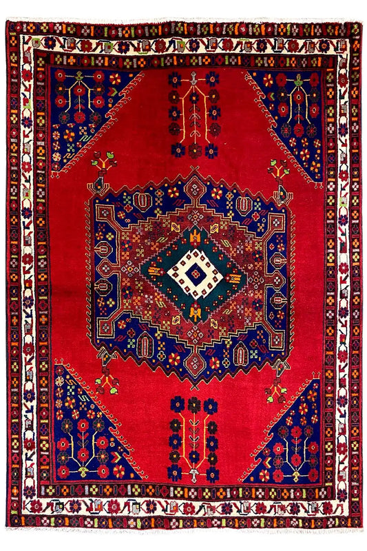 Rug with a central diamond medallion: red background, blue ornament and border