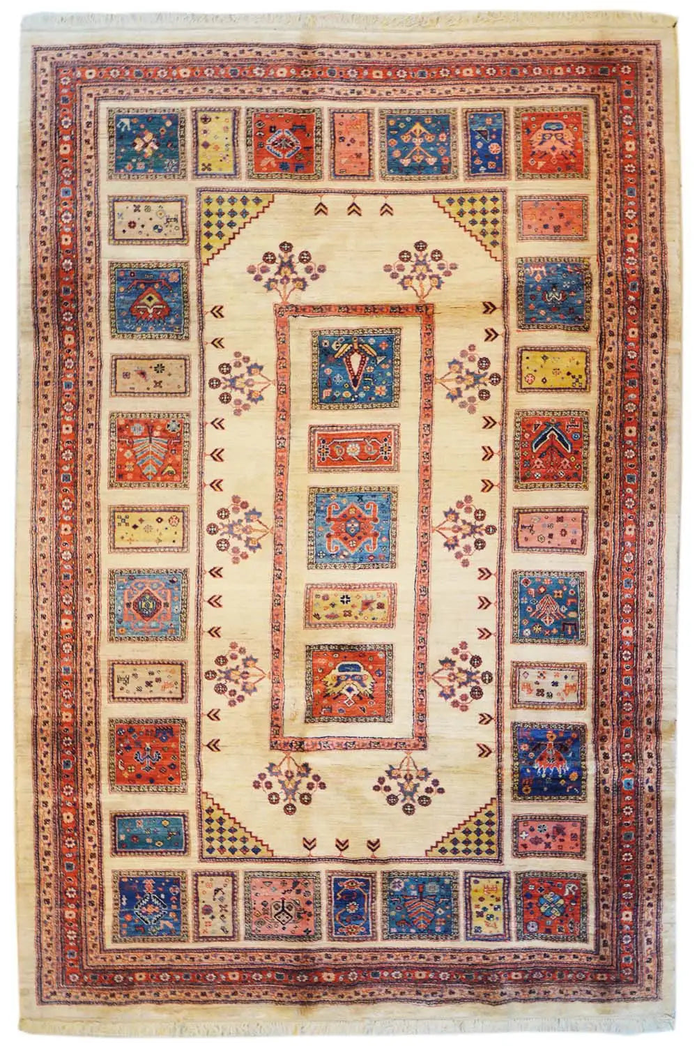 Oriental rug with a square medallion, red, blue and cream-colored ornaments