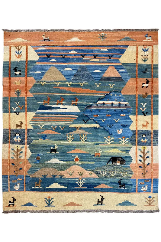 Kilim rug with a landscape motif in blue and brown, beige border with ornaments