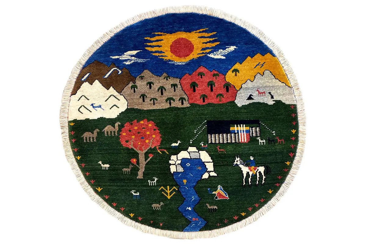 Round rug 96x96 cm: green with a landscape, sun, and animals, embroidered
