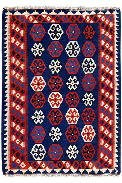 Rectangular Qashqai kilim with medallion pattern, blue, red and white, with decorative border