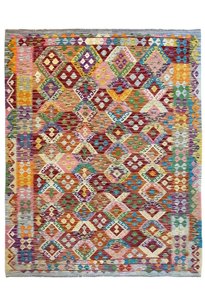 Afghan kilim front view: geometric diamonds in orange, blue, green, and violet
