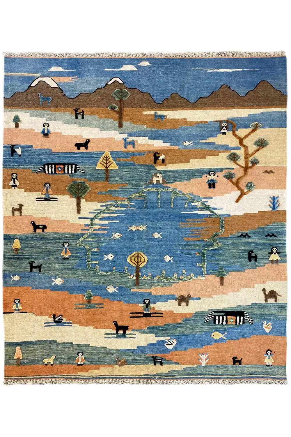 Kilim Qashqai rug: Full view with landscape and animal motifs in blue, beige, and brown