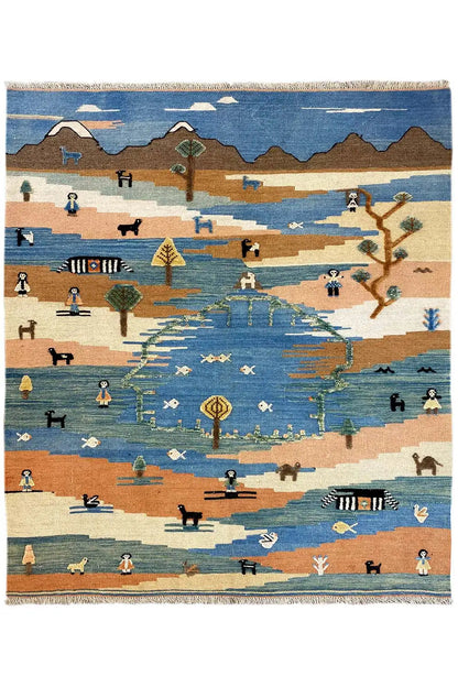 Kilim Qashqai rug: Full view with landscape and animal motifs in blue, beige, and brown