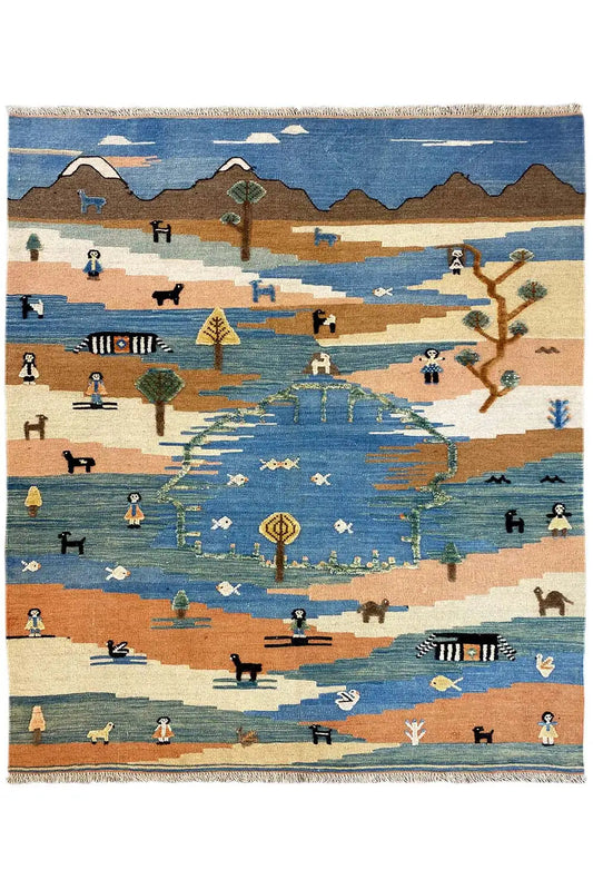 Kilim Qashqai rug: Full view with landscape and animal motifs in blue, beige, and brown