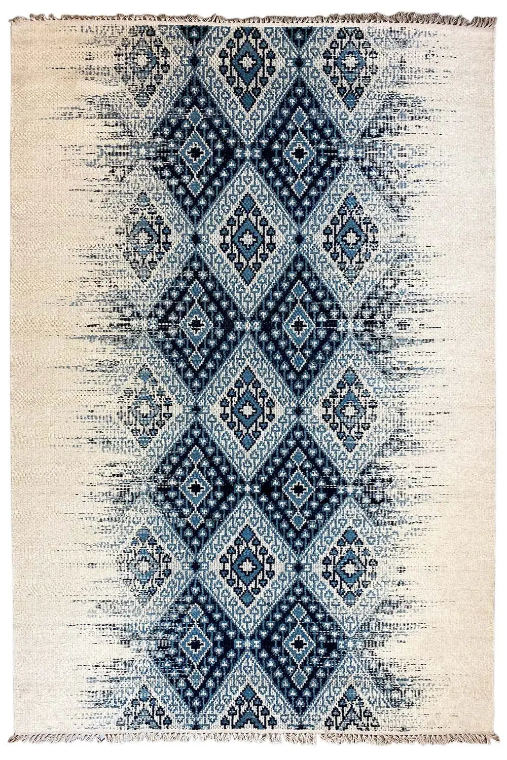 Rectangular kilim dhurrie rug with a blue diamond ornament pattern on a light background