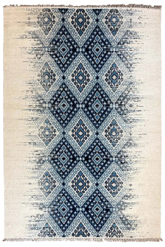 Rectangular kilim dhurrie rug with a blue diamond ornament pattern on a light background