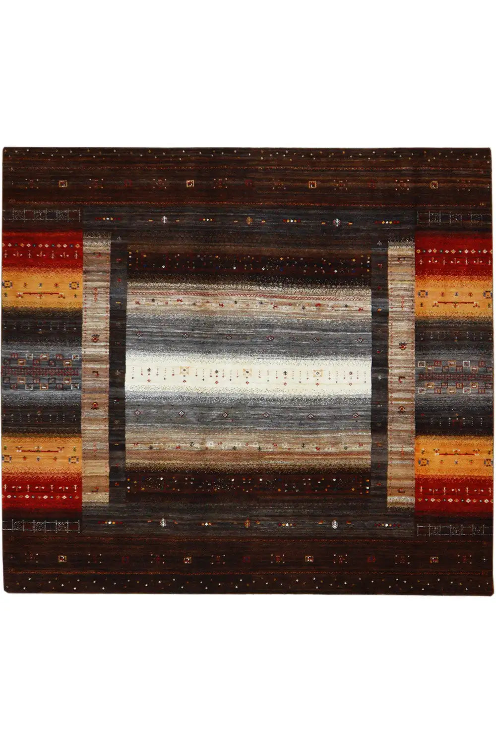 Square-format Gabbeh rug with a brown pattern, border stripes, and color accents.