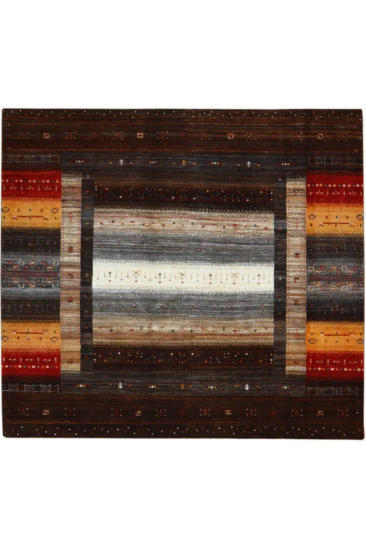 Square-format Gabbeh rug with a brown pattern, border stripes, and color accents.