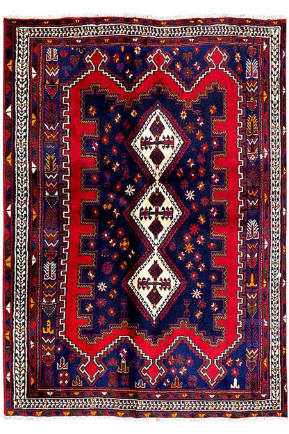 Flat-woven rug with a rectangular border and three diamond medallions