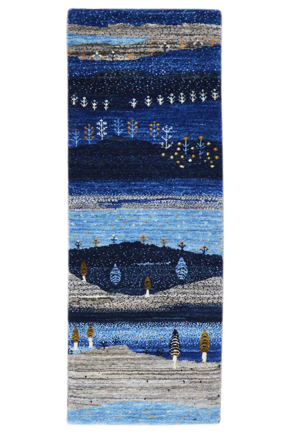 Gabbeh runner rug, blue and multicolored, with landscape motif and stripes