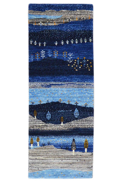 Gabbeh runner rug, blue and multicolored, with landscape motif and stripes