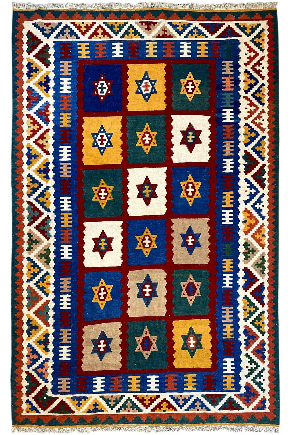 Kilim rug with a square repeating pattern in blue, yellow, and red, with a border around the edges