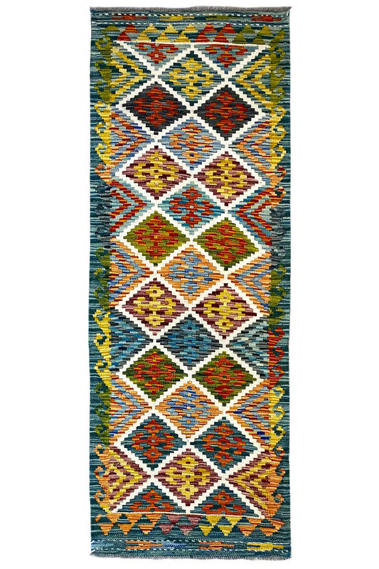 Afghan kilim runner with a geometric diamond pattern, multicolored, with fringes