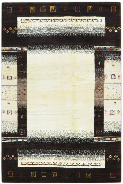 Gabbeh rug (199x140 cm) with a black border, beige central field, and geometric lines