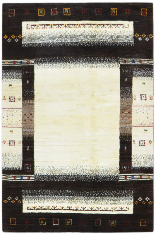 Gabbeh rug (199x140 cm) with a black border, beige central field, and geometric lines