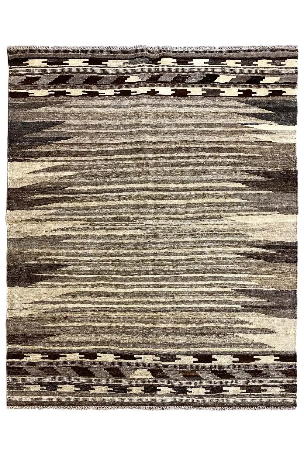 Rectangular kilim rug with stripes and dark decorative borders