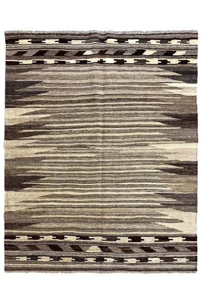 Rectangular kilim rug with stripes and dark decorative borders
