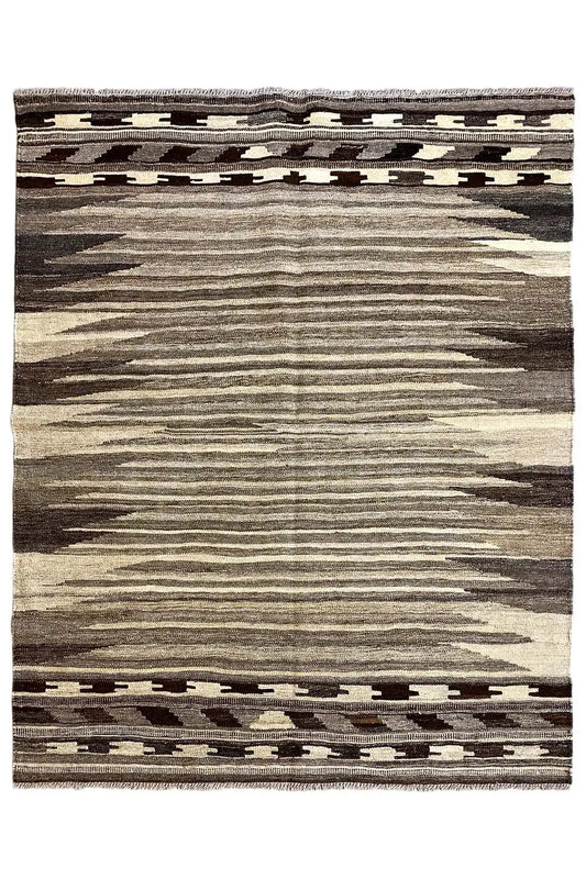 Rectangular kilim rug with stripes and dark decorative borders
