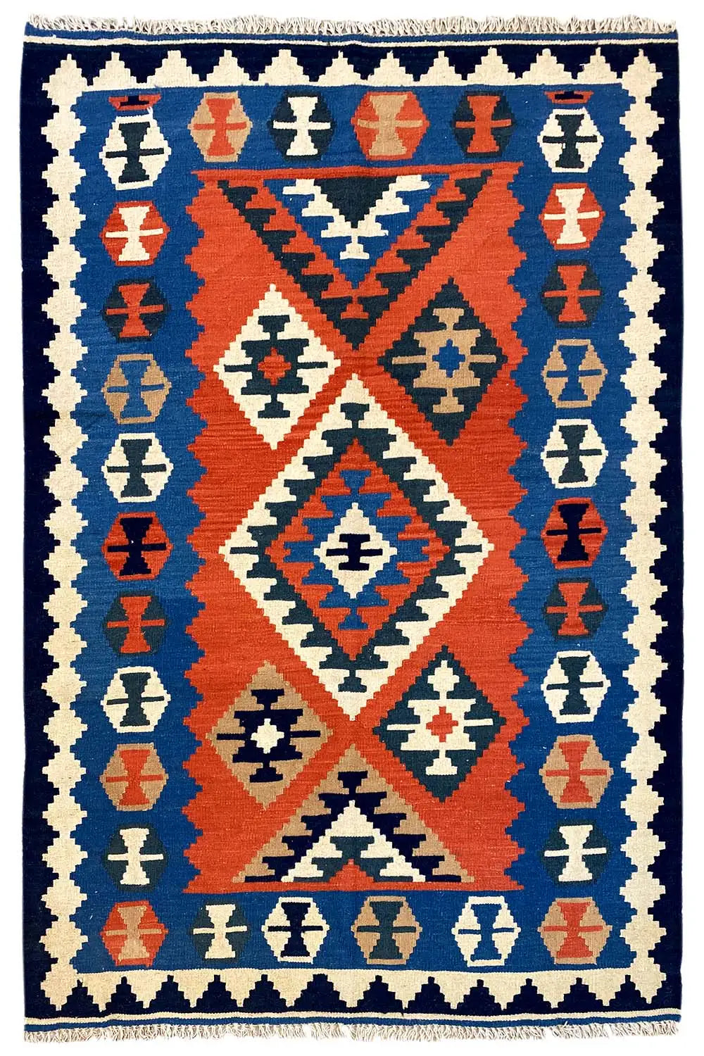 Kilim rug with a central diamond pattern and border in blue, red, and cream