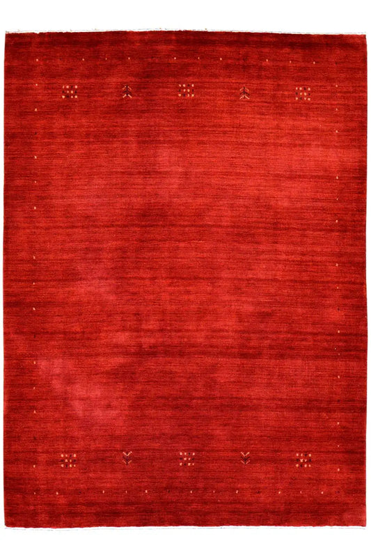 Red Gabbeh rug, square design with a subtle patterned border