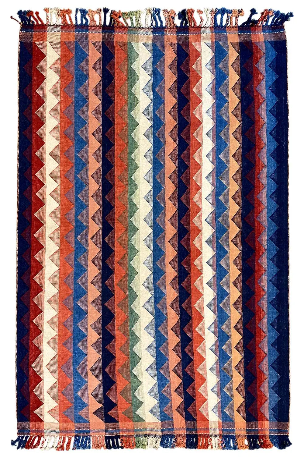 Jajim exclusive rug 226x152 cm with zigzag stripes, color variants in blue, orange, and green
