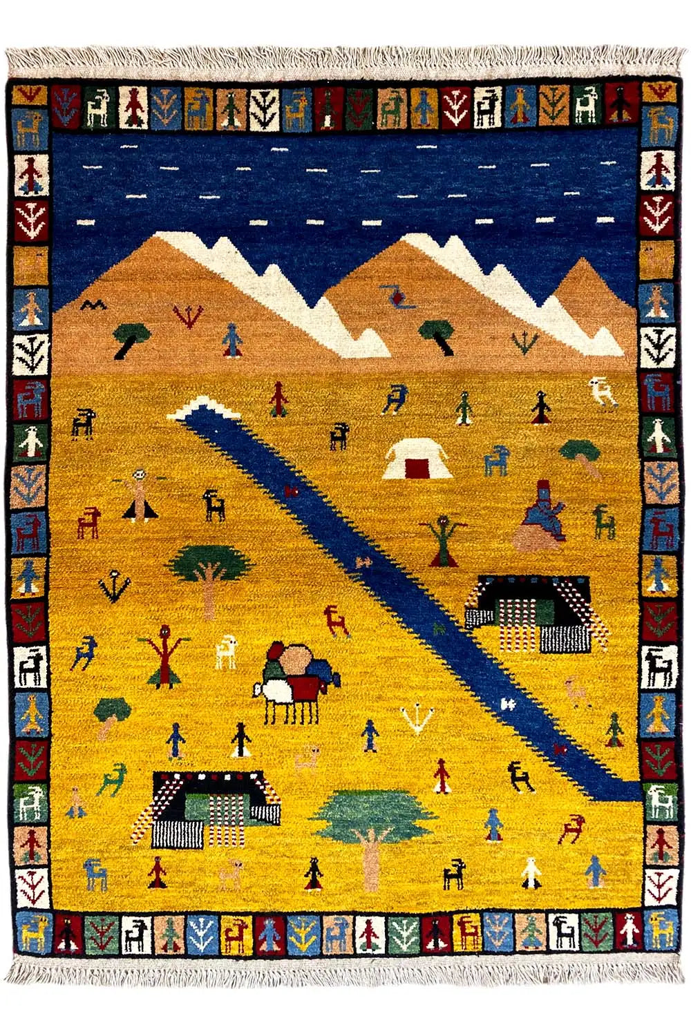 Gabbeh rug Lori (143x103 cm): yellow landscape, outlined in blue