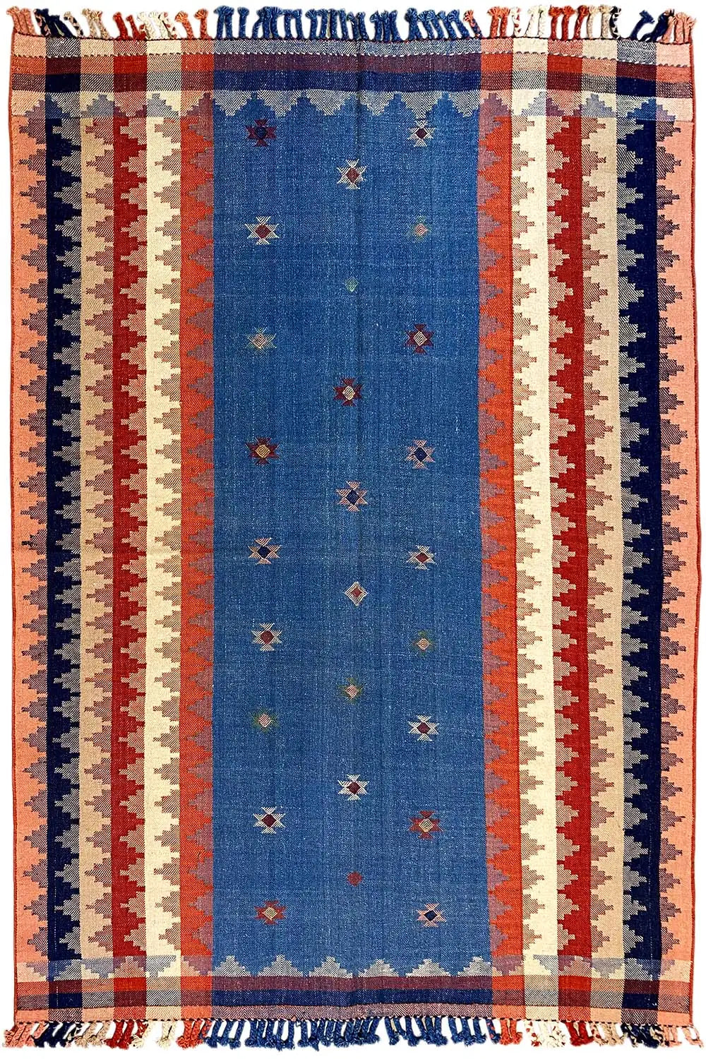 Rectangular rug with a blue central field, red-and-white stripes, and fringes, with a bound edge